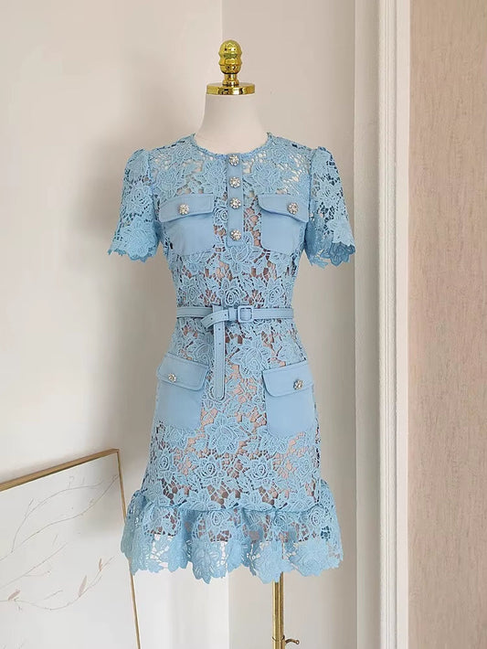 Women Lace Dress Summer Diamonds Buttons Belt Floral Embroidery Lace Party Ruffles Vestidos Blue